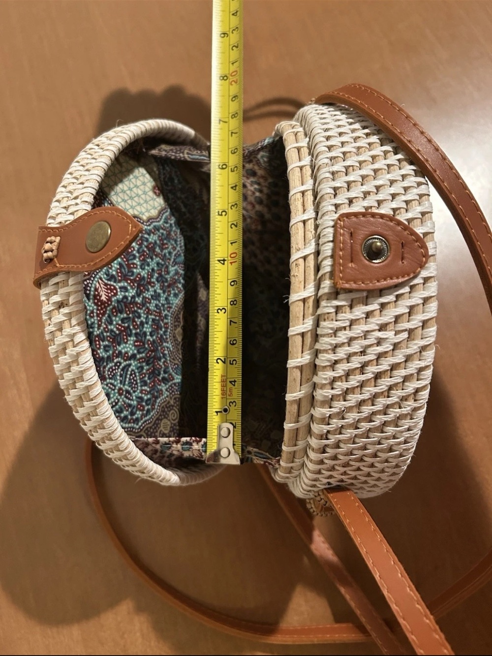 Round Woven Crossbody Bag in Cream and Tan - Picture 10 of 10